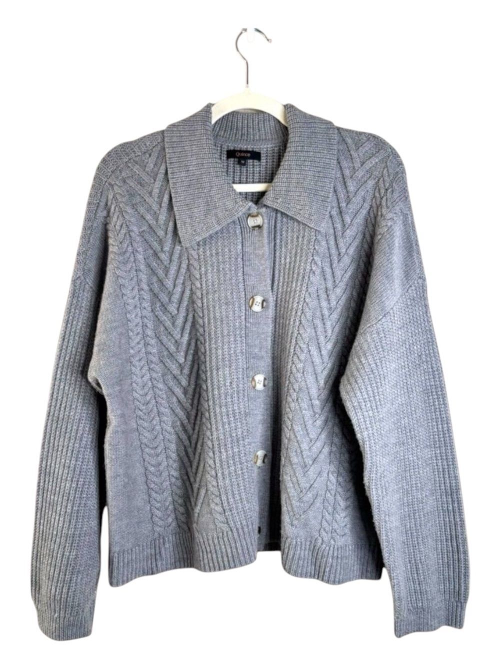 Quince Australian Merino Wool Collared Cable Cardigan Heather Grey XS - Picture 2 of 8